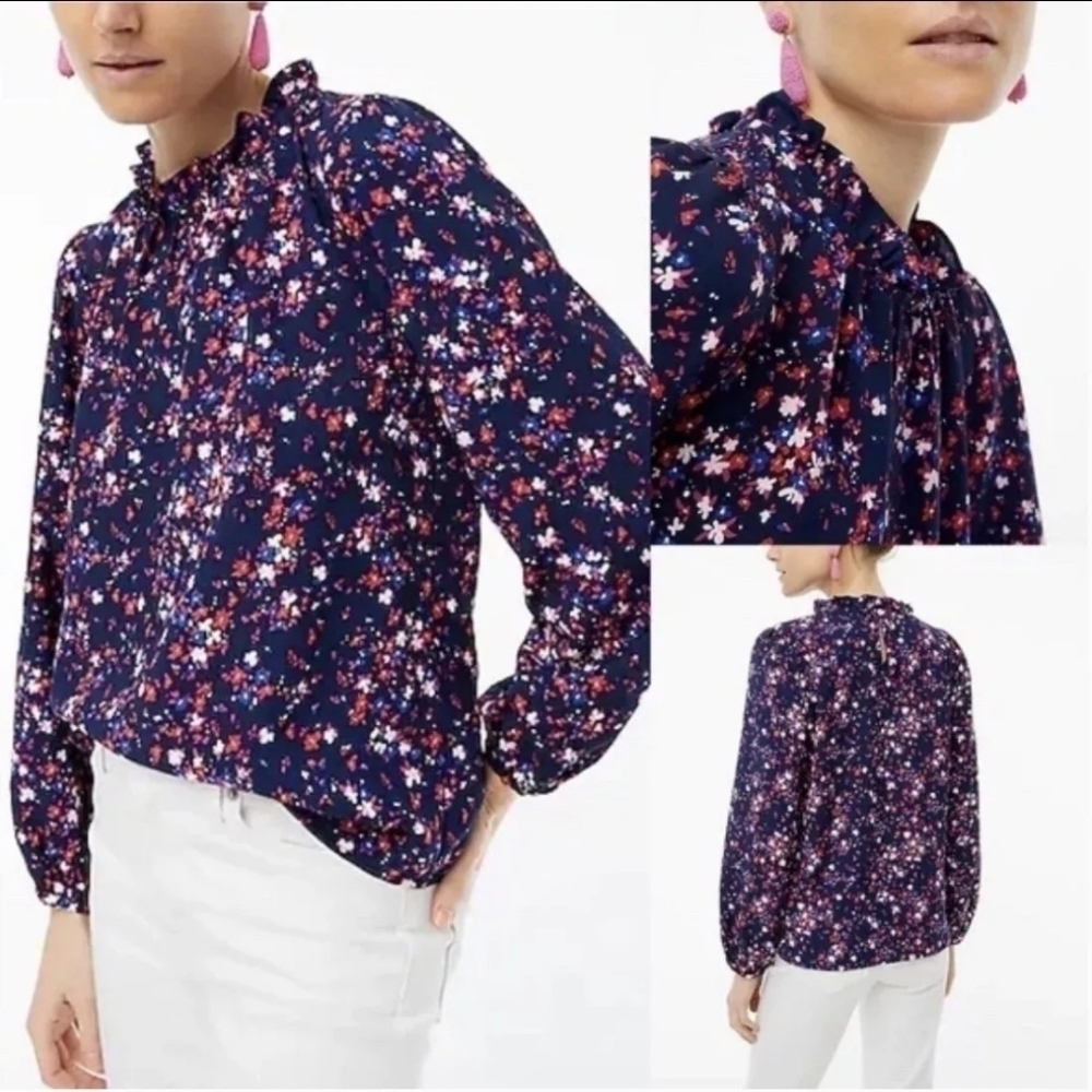 J. Crew Factory Long Sleeve Ruffleneck Top Floral Navy Size XS